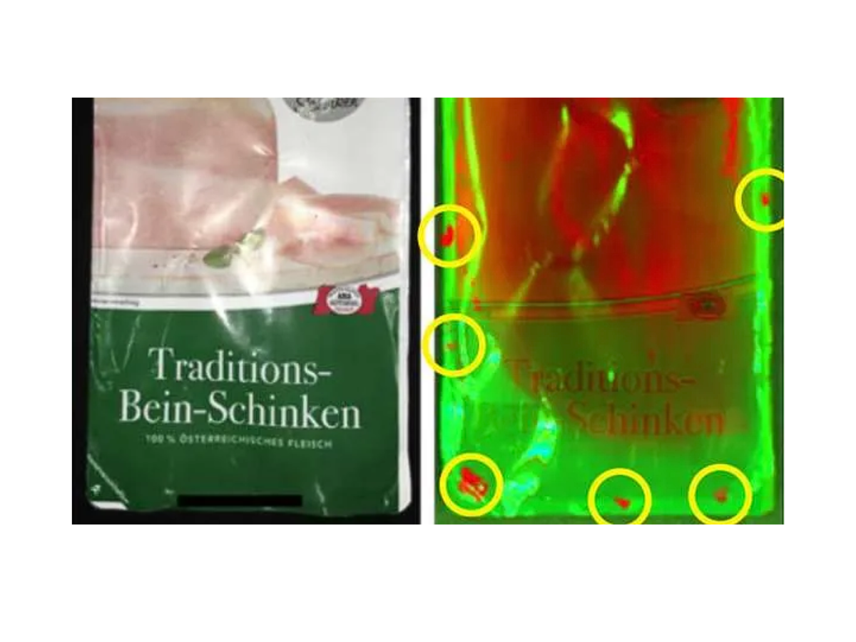 Side by side image of frozen chicken package and hyperspectral imaging showing inadequate heat sealing